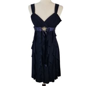Dress Barn Dark Blue Tiered Ruffle Jeweled Brooch Waist Side Zip Dress Size 4